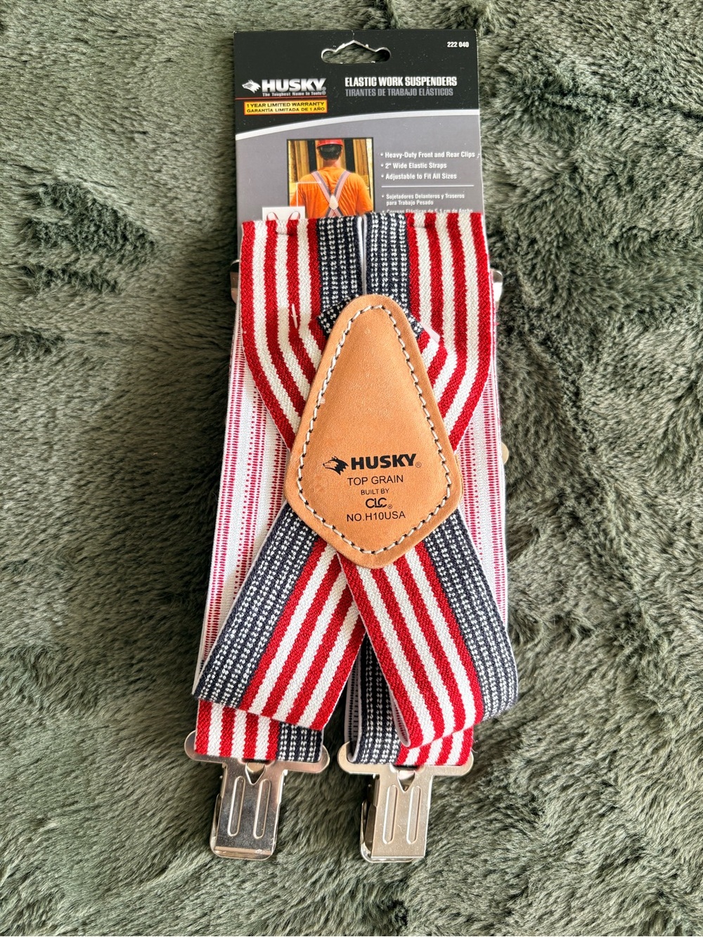 Husky Men's Elastic Work Suspenders Red, White & Navy Stripe flag USA patriotic